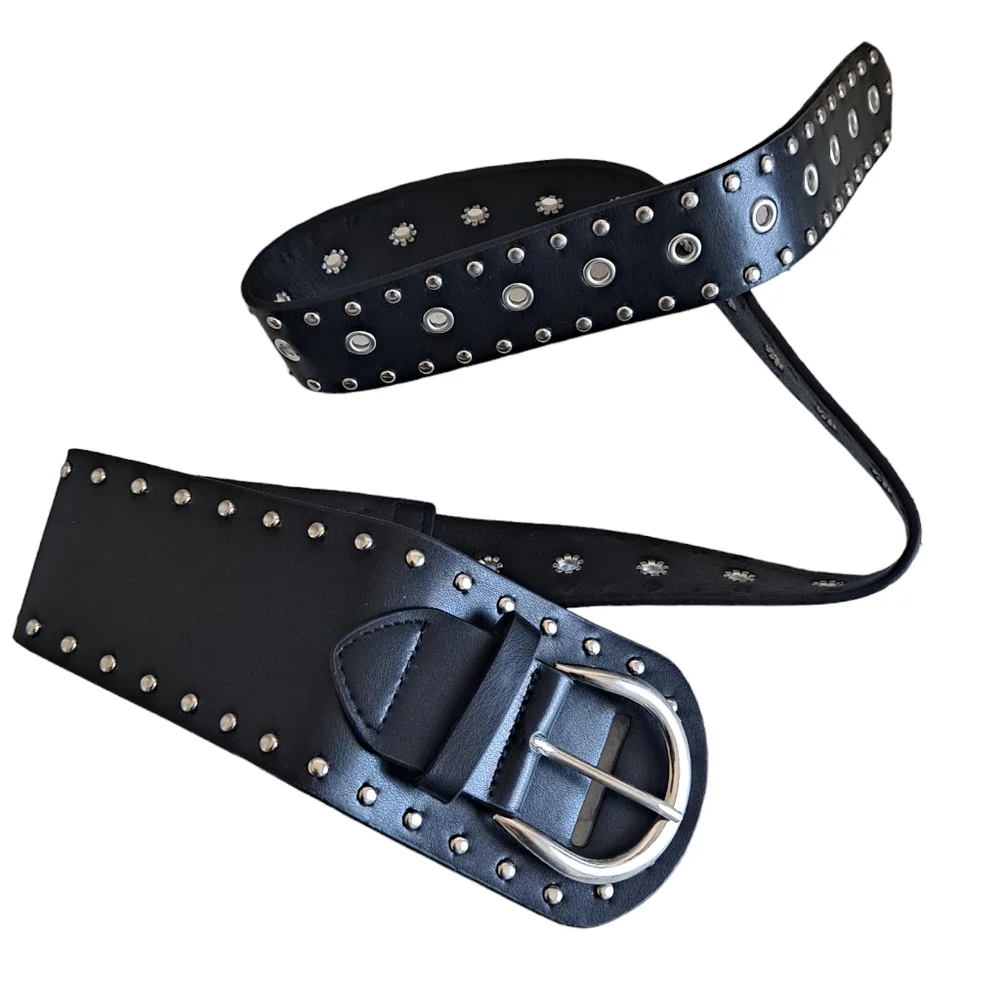 Black Faux Leather Grommet Chunky Belt Studded Silver Buckle Emo Punk Y2K